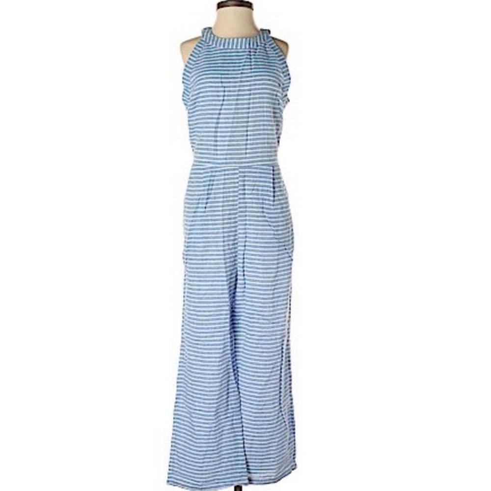 Nautical Stripe Halter Jumpsuit Open Back Pockets